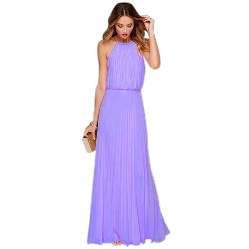 

Women's A-Line Dresse Long Party Summer Dresses Long Chiffon Sequined Halter Elegant Purple Bridesmaid Sleeveless Dresses