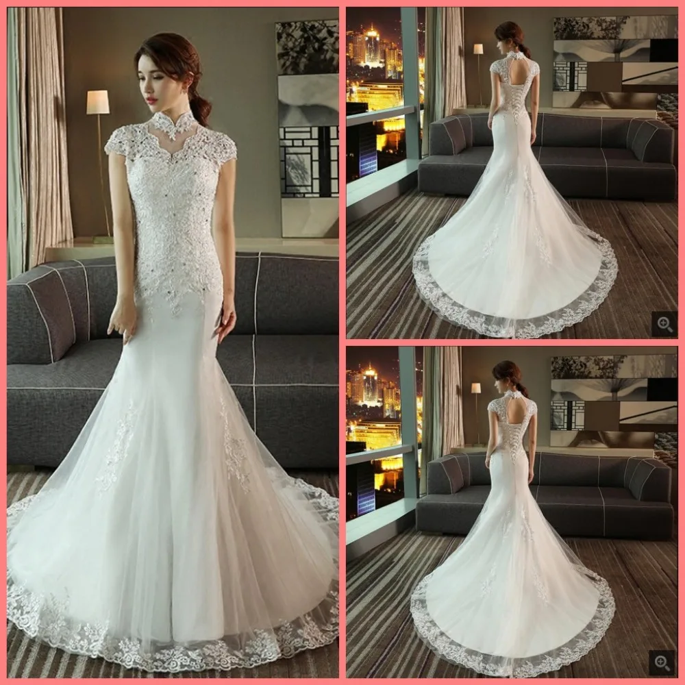 

2019 new arrival white lace appliques beaded formal wedding dres high neck cap sleeve hollow back corset bride gowns hot sale