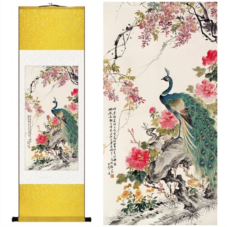 

Home Chinese silk watercolor flower and birds ink peony feng shui canvas wall picture damask framed decorative scroll painting