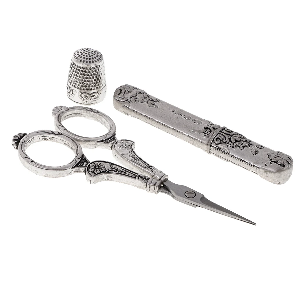 2 Sets European Vintage Sewing Kit Tailors Scissors Thimble Needle Case Holder DIY Embroidery Cross Stitch Crewel Craft Tools