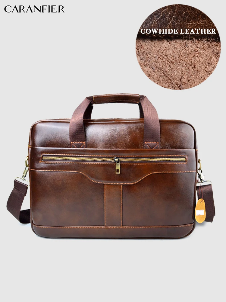 

CARANFIER Mens Genuine Cowhide Leather Briefcase Business Male Handbags Laptop Bags Men Shoulder Zipper Fashion Travel Brown Bag