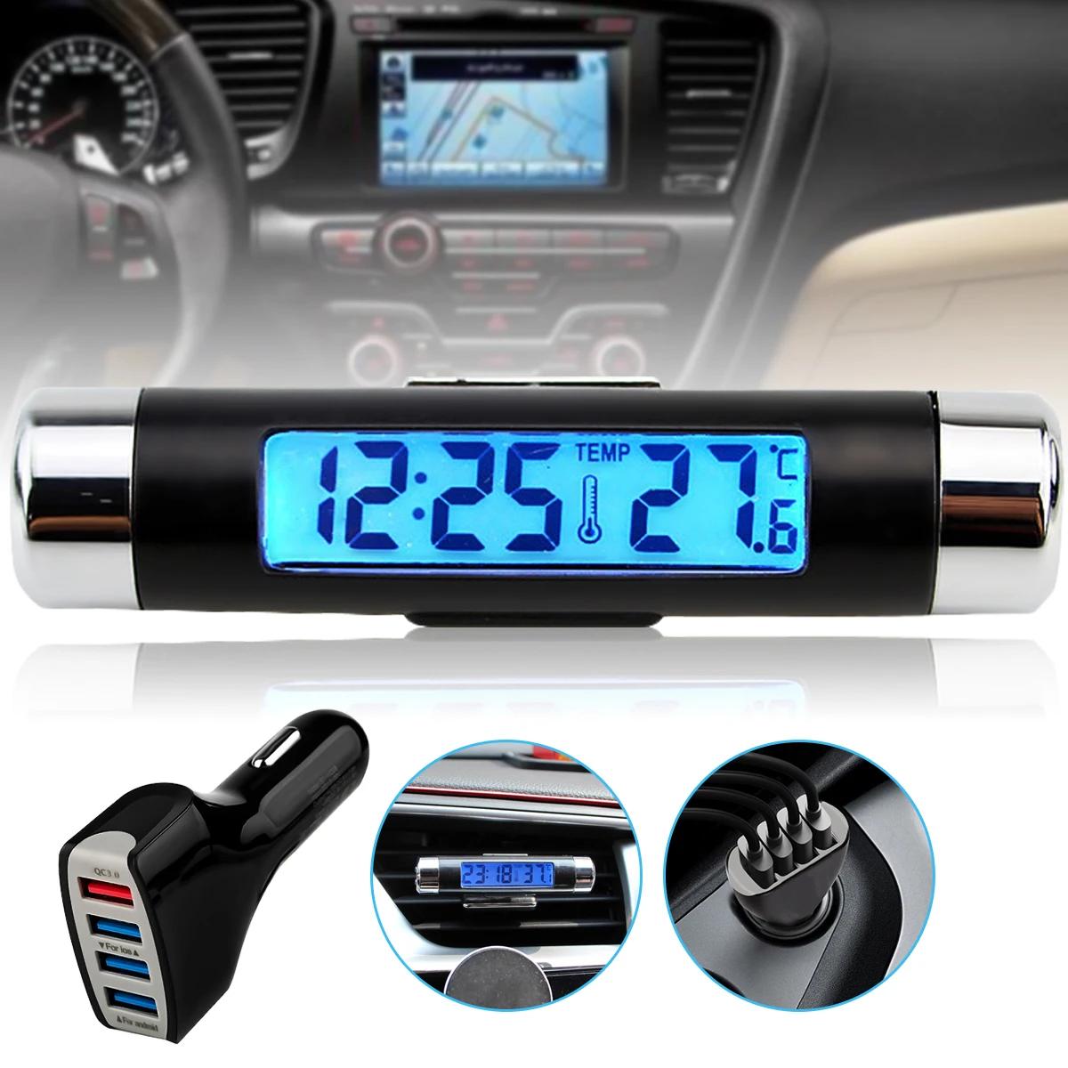 Universal Retro Design Car Auto LED Clip-on Digital Backlight Automotive Thermometer Clock Calendar Car-Styling Accessories