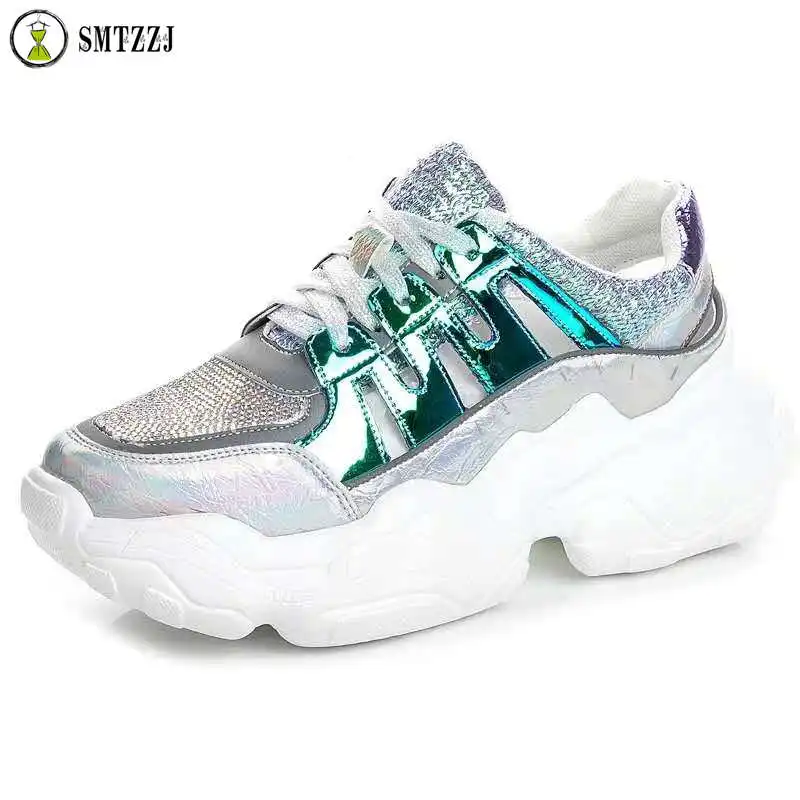 

SMTZZJ 2019 Woman Sneakers Fashion Flat Walking Platform Sport Soft Footwear Femme Flat Dad Shoes Casual Trainers Pink Green
