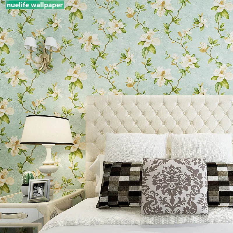

American style pastoral light green large flower study living room bedroom old room kids room thick background wallpaper