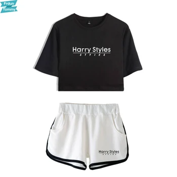 

2019 Hot New Harry Styles two Piece Set Summer Sexy Cotton Printed T shirt Album Woman Suit Shorts Crop Fashion Tops+Shorts Pant
