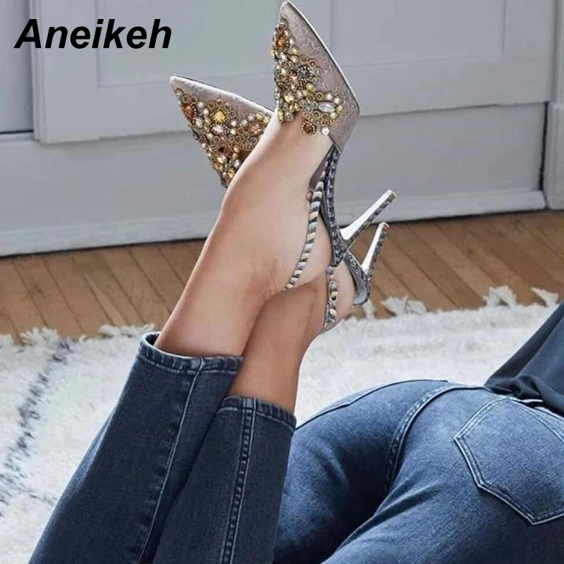 Aneikeh 2019 Spring Sexy Pumps Fashion Rhinestones Diamond Beaded Super High Thin Heeled Pointed Toe Slingbacks Women Shoes