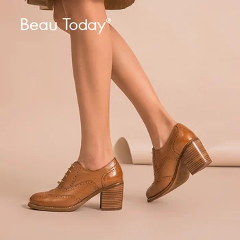 

BeauToday Oxfords Women Genuine Cow Leather Pumps Brogue Lace-Up Wingtip Round Toe Ladies High Heel Shoes Handmade 16201