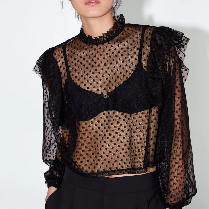 

See Through Black Blouse Shirt Summer 2019 New Fashion Transparent Mesh Ruffles Tops Sexy Women Lace Shirt Loose Blouses