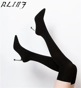 

RLINF 2018 Runway Elastic Stockings Boots Sock Boots Heel Thigh High