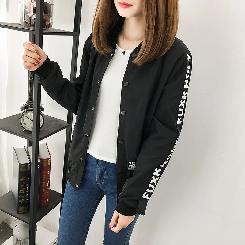 Woemns Jacket Spring Autumn New Women Bomber Jackets Print Casual Coat Female O-Neck Pockets Basic Jackets Korean Style