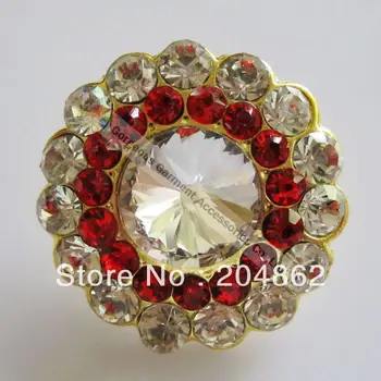 

100pcs/lot PROMPTION 30mm Round Metal rhinestone button with Crystal & Light siam stones in gold setting