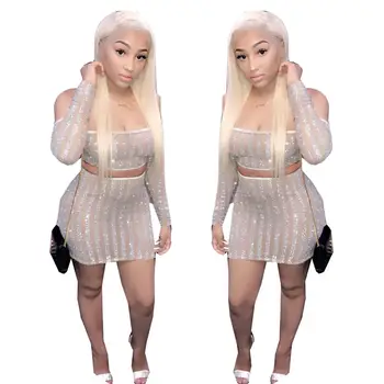 

White Long Sleeve Crop Top Women Two Piece Skirt Set Ladies 2 Piece Outfit Womens Clothing Nightclub Party Singer Wear DT658