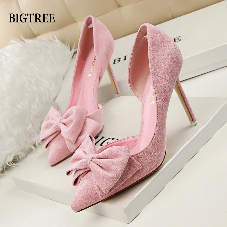 

BIGTREE Sweet High Heels Fine with High-heel Shallow Mouth Pointed Suede Side Hollow Bow Women's Shoes