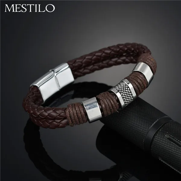 MESTILO, новинка, панк, черные, коричневые, плетеные кожаные браслеты, мужские, модные, крутые, нержавеющая сталь, магнитная застежка, браслет, браслеты - Окраска металла: Brown