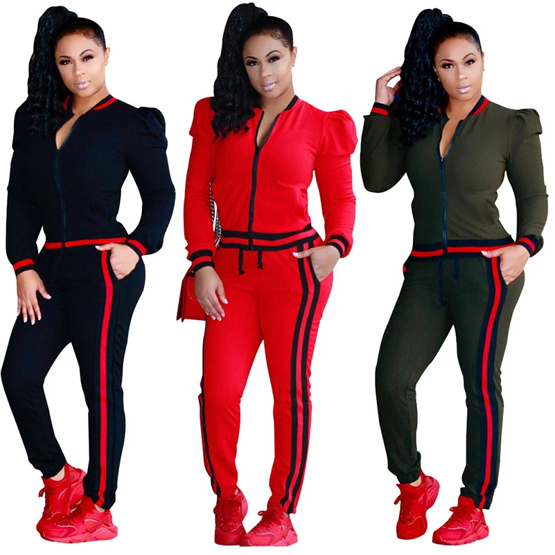 Women Two Piece Set Tracksuits Top and Pants Red Zipper