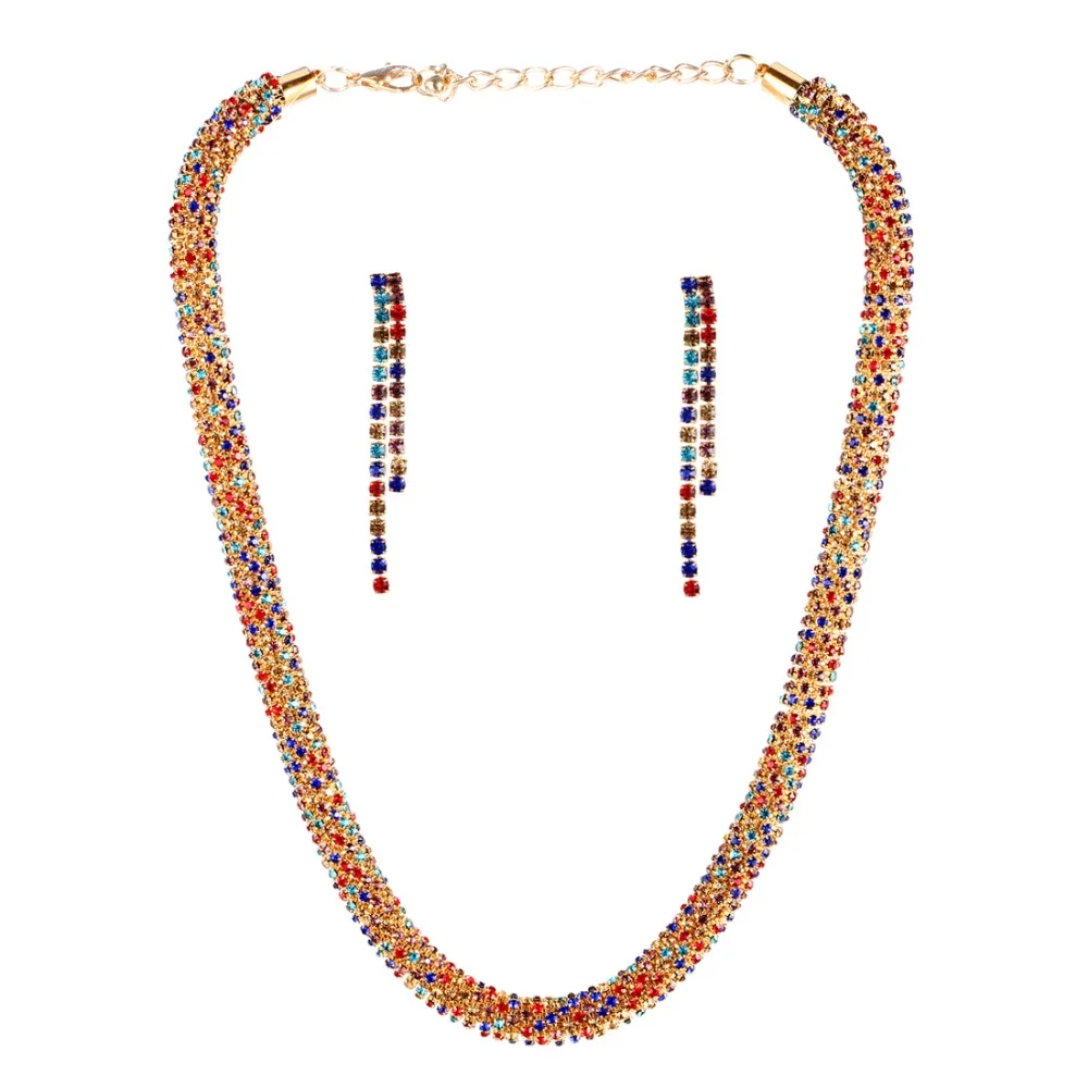 2018 Fashion Colorful Rhinestone Crystal Choker Necklace Drop Earrings Wedding Jewelry Sets Accessories for Women | Украшения и
