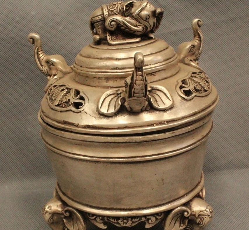 

China Chinese Dynasty Palace Silver Elephant Zun Statue Incense Burner Censer