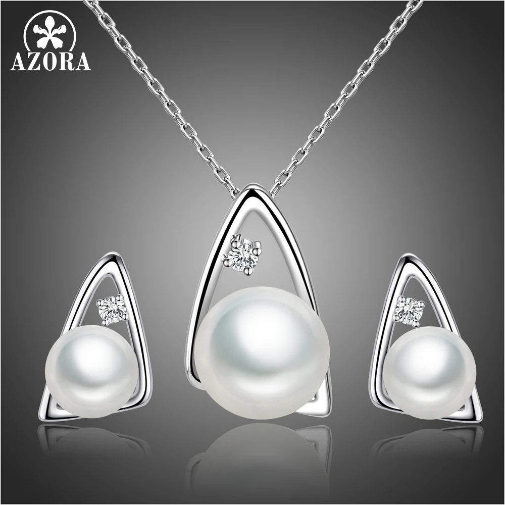 AZORA имитация жемчуга треугольник ожерелье серьги Ювелирные наборы прозрачный кубический цирконий для женщин банкет вечерние аксессуары TG0254
