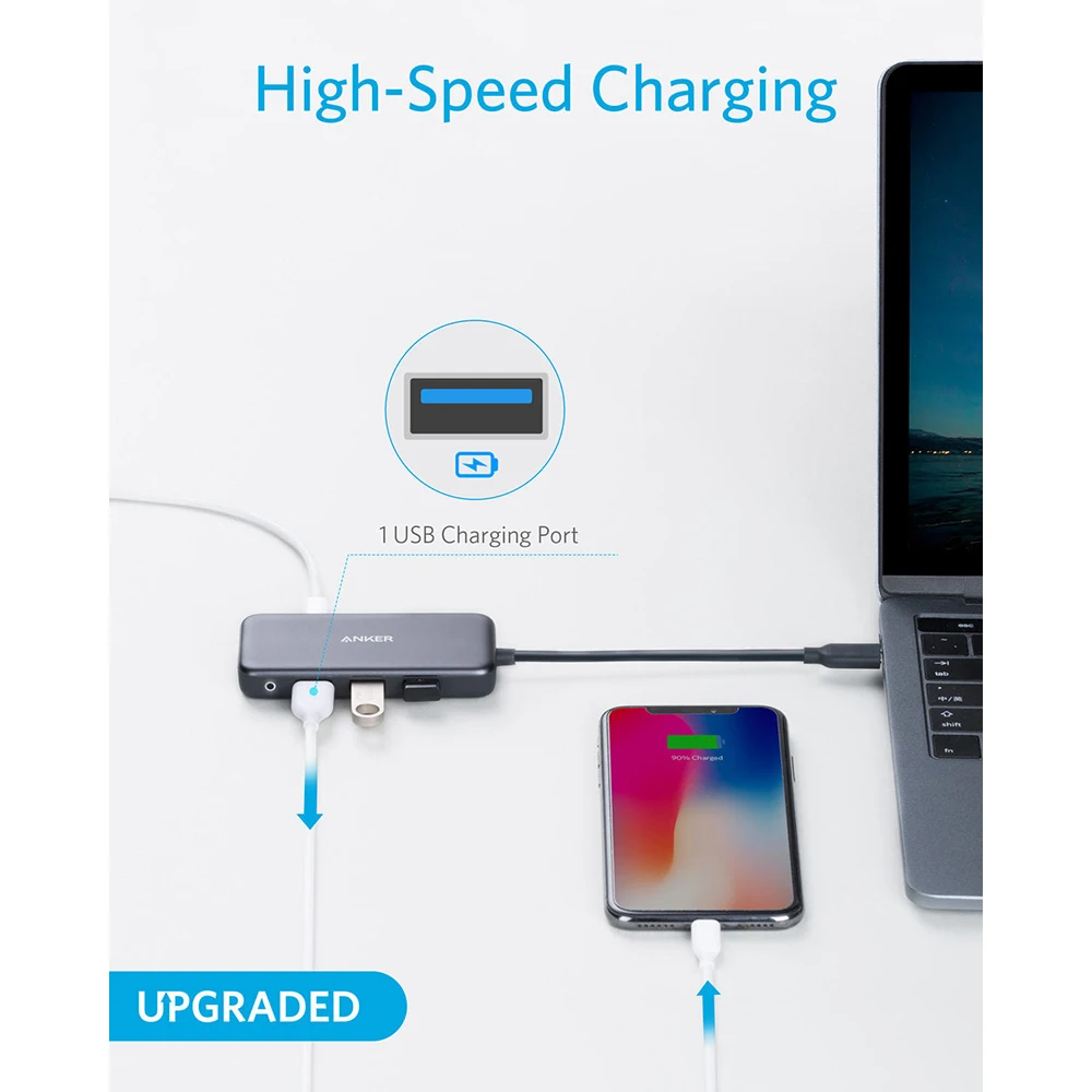 Anker Hub USB C 4 en 1 Adaptador de USB-C 60W de potencia 3 puertos USB 30 para MacBook Pro 13