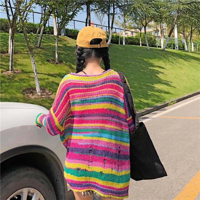 2018 Autumn ulzzang thin section New striped rainbow loose knit top Korean pop Harajuku casual pullover Hole women sweater 2018 Autumn ulzzang thin section New striped rainbow loose knit top Korean pop Harajuku casual pullover Hole women sweater