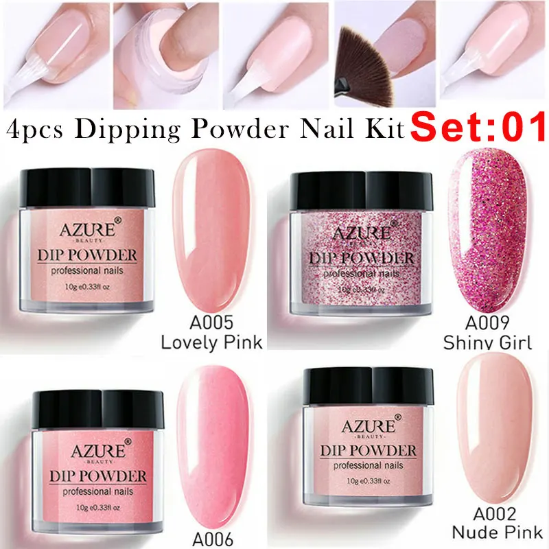 

AZURE BEAUTY 4Pcs/Lot Dipping Powder Nail Art Powder Decorations Gradient Color Nail Powder Activator Base Coat Nail Art Kits