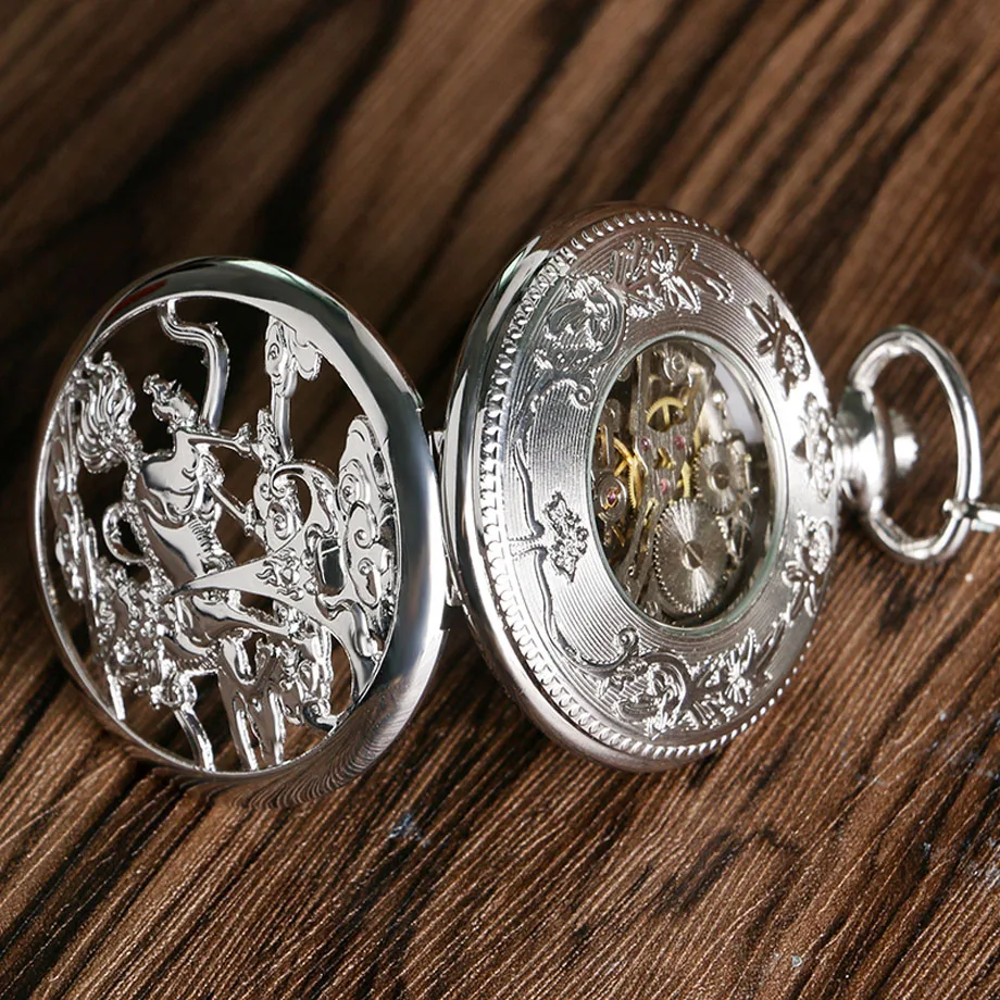 Luxury Men Women Sliver Hollow Simple Casual Mechanical Hand Wind Pocket Watch Antique Steampunk Rome Number Fob Clock  (10)