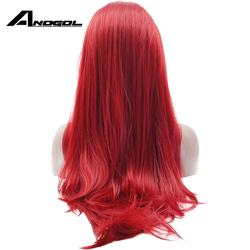 Anogol Handmade Synthetic Lace Front Wig Guleless Long Straight Red Peruca Laco Sintetico Heat Resistant Natural Fully Hair Wigs