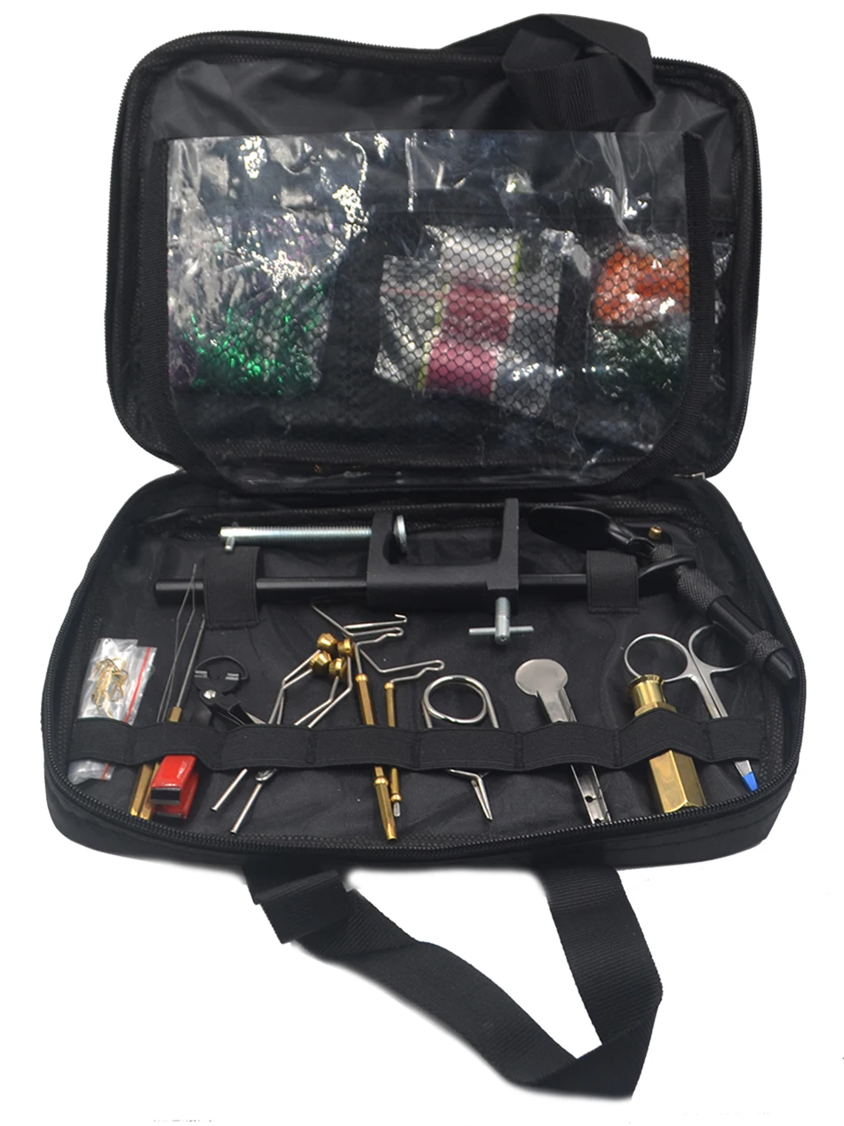 Empilhador de Cabelo Mnft Deluxe Amarrando Ferramentas Kit no Pacote Portátil Bolsa Incluem Voar Vise Bobbin Suportes Alicate Chicote Finalizadores Fly 13 Mnft deluxe fly amarrando ferramentas kit no