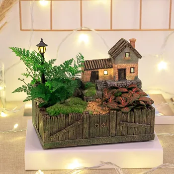 

Stone house Resin Flower Pot Succulents Plants Small Bonsai Micro Landscape Vase Garden Decoration with LED String light Flower