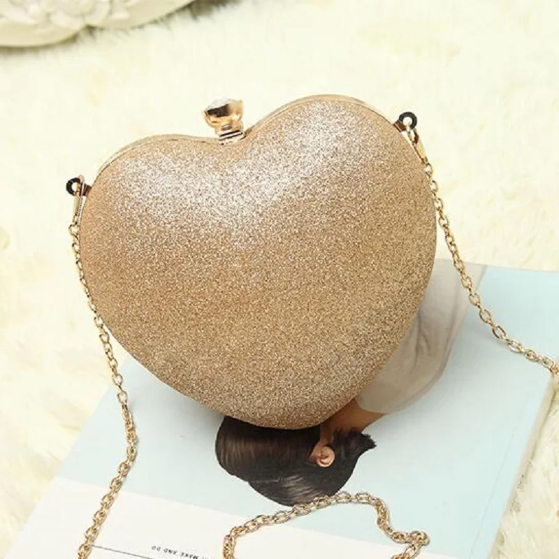 Girls Heart Shape Rhinestone Gold Evening Clutch Bag Women Handbag
