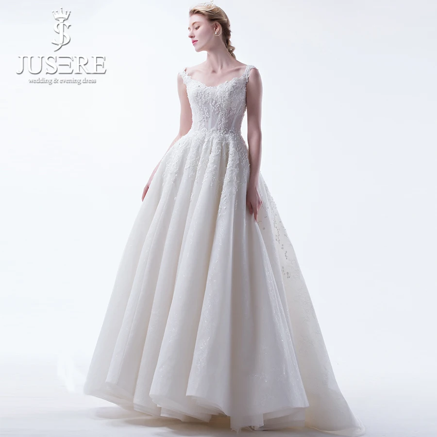 

JUSERE 2019 Real Photos U neckline Beading 3D Lace Pleated Skirt Wedding Dresses Shiny Sequins vestido de noiva Crystal Beaded