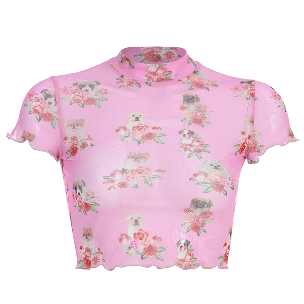 

2019 Summer Casual Pink Sweet Mesh Top Transparent Tops Dog Floral Print Women's T-shirts Crop Tops Tees Short Sleeve Clothing