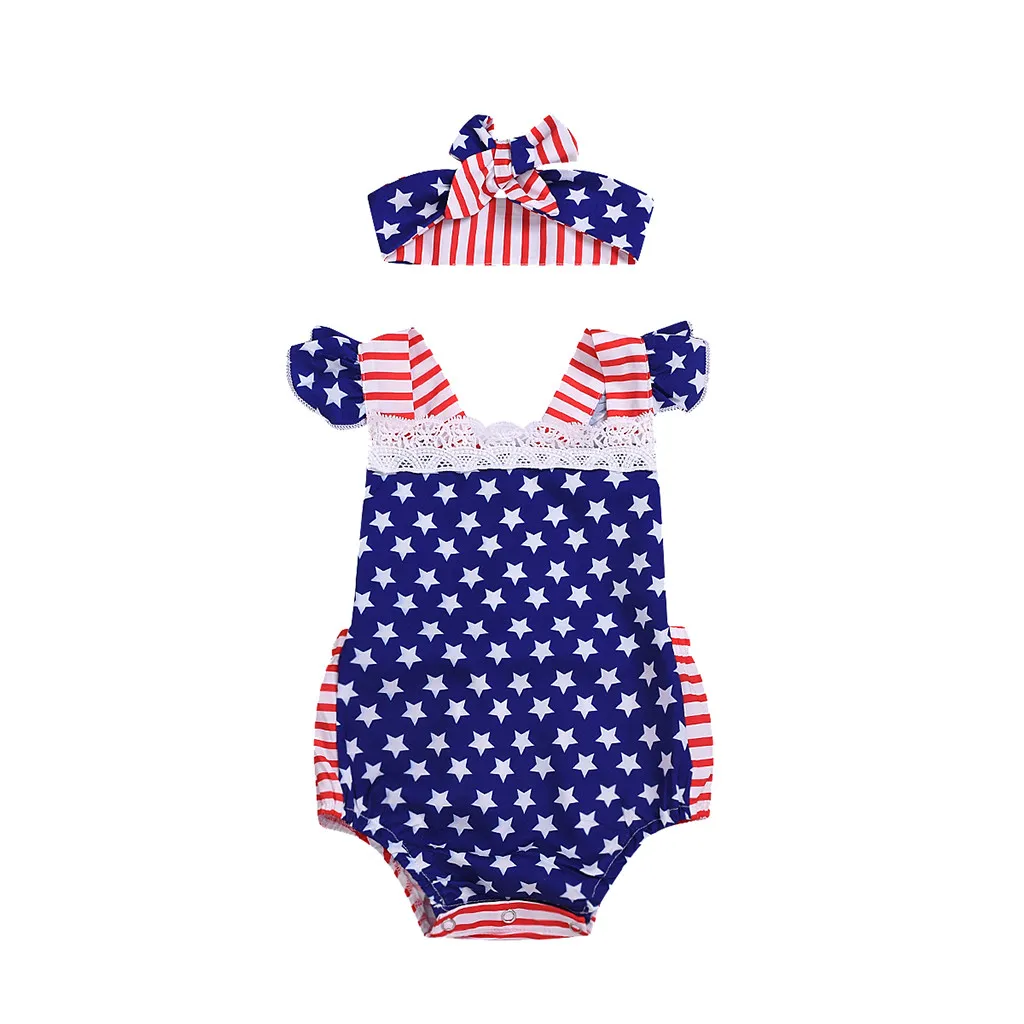 

Striped Baby Clothes Newborn Flag Day 4th of July Stars Patriotic Backless Lace Romper+ Headband Infant Baby Girls Rompers