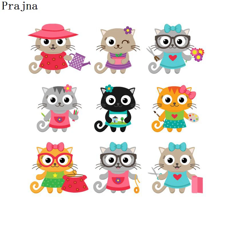 

Prajna Cat Woman Heat Transfers Baby Cats Set Patches Hot Press Stickers Cartoon Badges For Kids Dress T-shirts Accessories