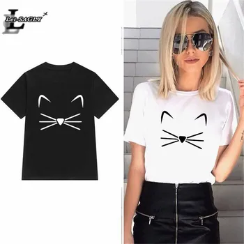 

Lei SAGLY Cat Face Print Women Plus Size T Shirt Summer Short Sleeve White Black O-neck Tshirt Streetwear Fashion Tee Tops