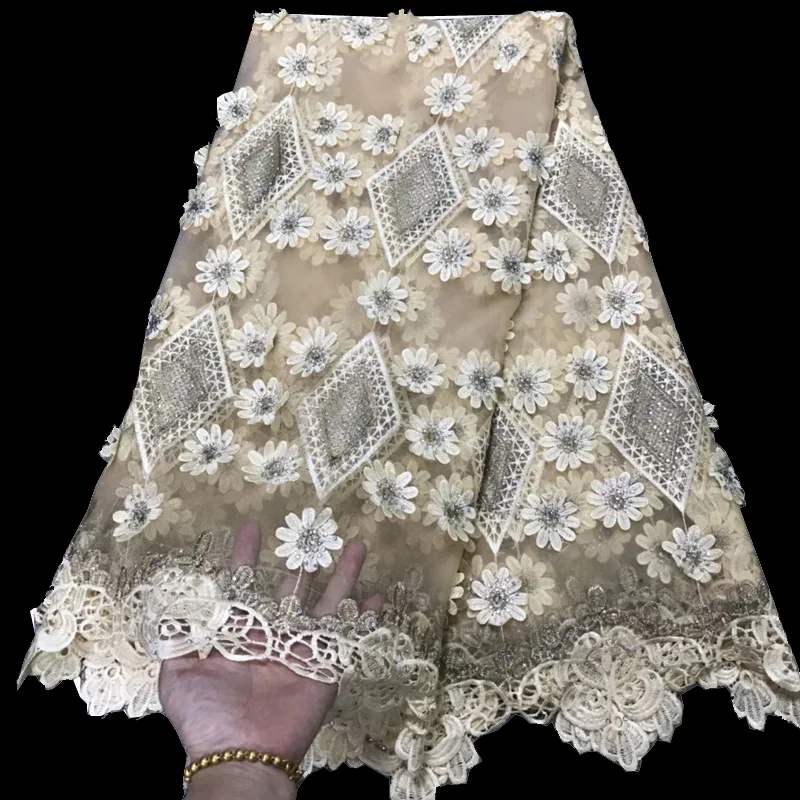 

8 colors (5yards/pc) cream African French lace fabric 3D flowers appliqued net lace fabric with stones for party dress FLV06