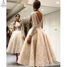 Robe de soiree короткие платья для выпускного вечера с длинным рукавом шикарное кружево Аппликация чай Длина арабское вечернее платье женские вечерние платья Abendkleider