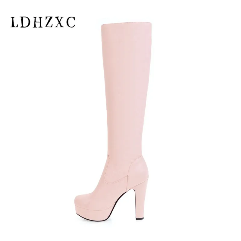 

LDHZXC 2019 new Women Boots PU Out Door Over The Knee Boots Ladies Warm Fur Square High Heels Lady Boots shoes woman size 13 14