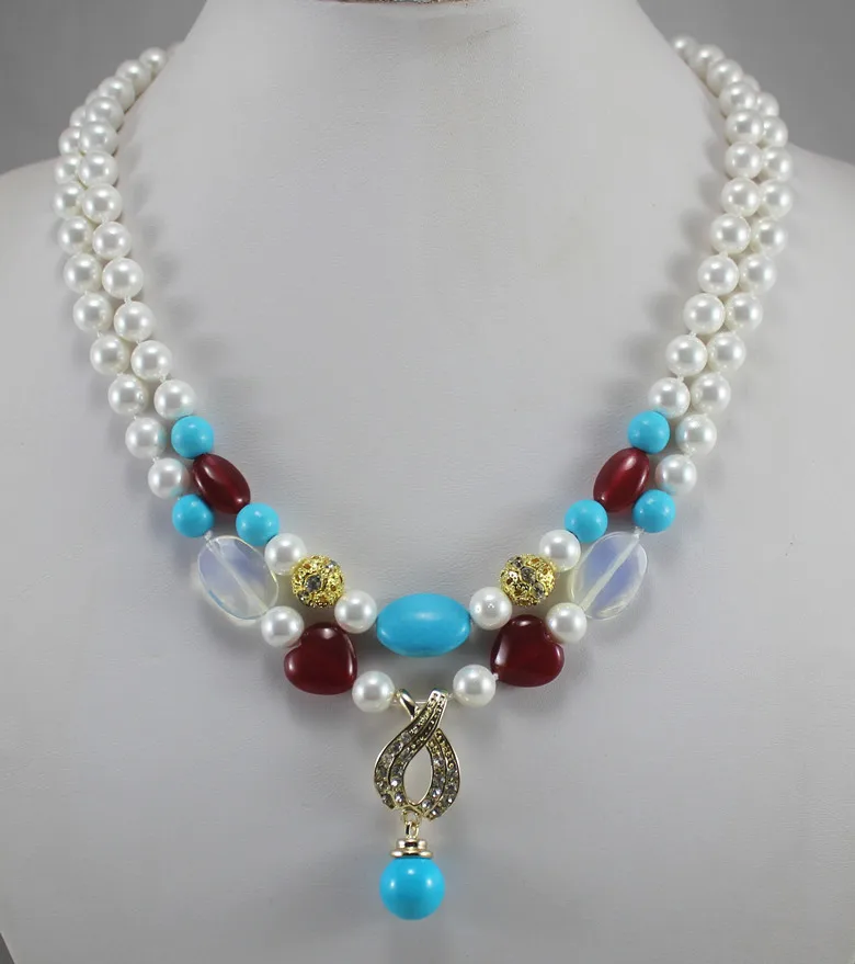 

2 kinds 2rows wholesales/retail simple style 8mm white &blue shell pearl mixed jade stone necklace+14mm blue pearl pendant