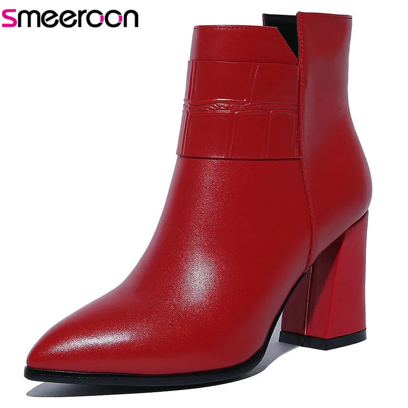

Smeeroon 2018 new arrival autumn zip high quality women pointed toe high heels boots cow leather boots ankle boots black