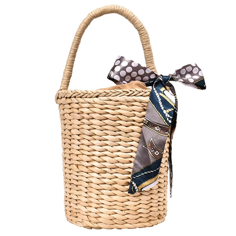 

Casual Silk Scarf Handbag Woven Handmade Fashion Bucket-Shaped Shoulder Bag Straw Handbag Ladies Strap Ladies Straw Bag