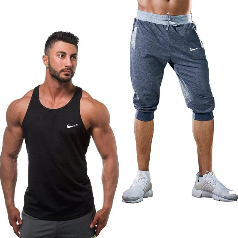 2019 new fashion single line backpack bodybuilding stringer vest casual tank vest men's Bermuda shorts new stitching shorts