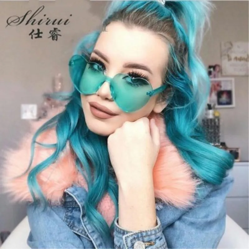 Солнцезащитные очки в форме сердца, женские очки без оправы, тонированные прозрачные линзы, цветные солнцезащитные очки, красный, розовый, желтый затемняющие очки для женщин