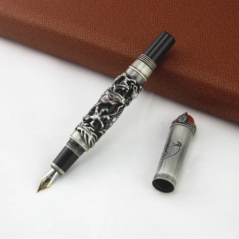 Jinhao New Dragon King Fountain Pen Vintage Embossing Heavy Pen Gray /& Red