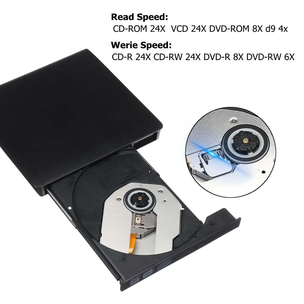 USB2.0 Внешний DVD RW CD писатель Тонкий привод горелки ридер плеер для ПК ноутбука