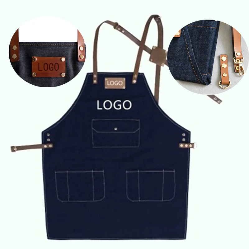 2018 Denim cowboy Detachable BBQ Apron with Pocket Bib Leather Straps