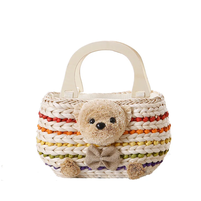 

2018NEW Women Bags Toy bear Exclusive Design Ladies Bear handmade straw bag super cute bear wooden handle woven beach ba