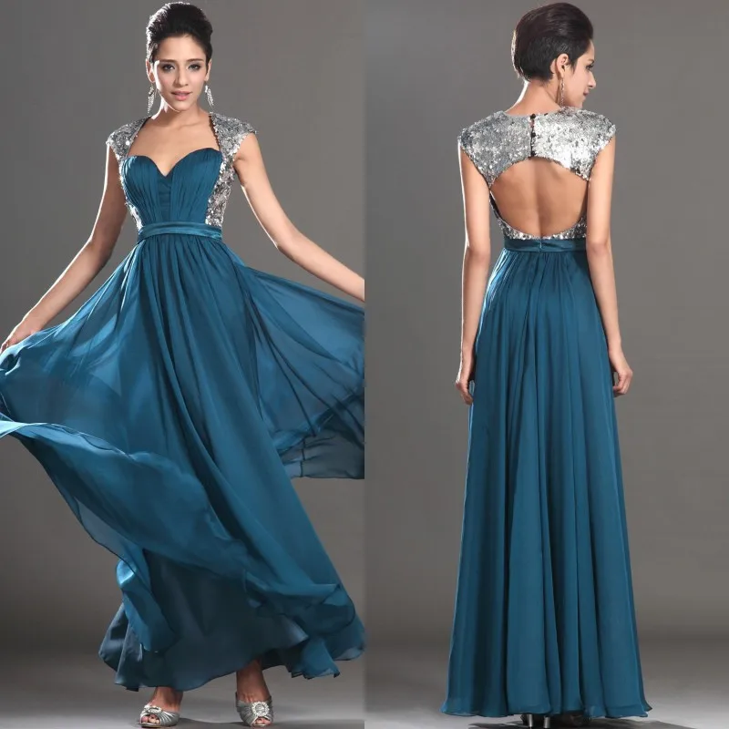 Custom Made Open Back Flowing Chiffon Long Silver Sequin Sexy Prom Dresses 2014 Evening Dress Party | Свадьбы и торжества