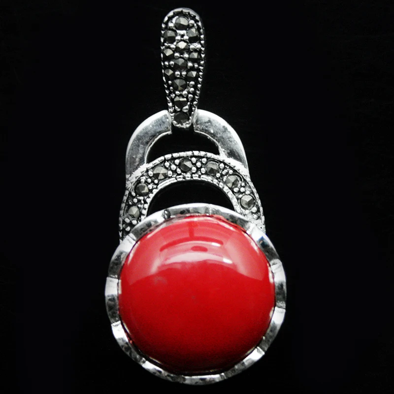 Винтажные 925 пробы серебро красное Коралловое ожерелье марказит кулон 40X20 мм A0510 цепи свадебные украшения mo