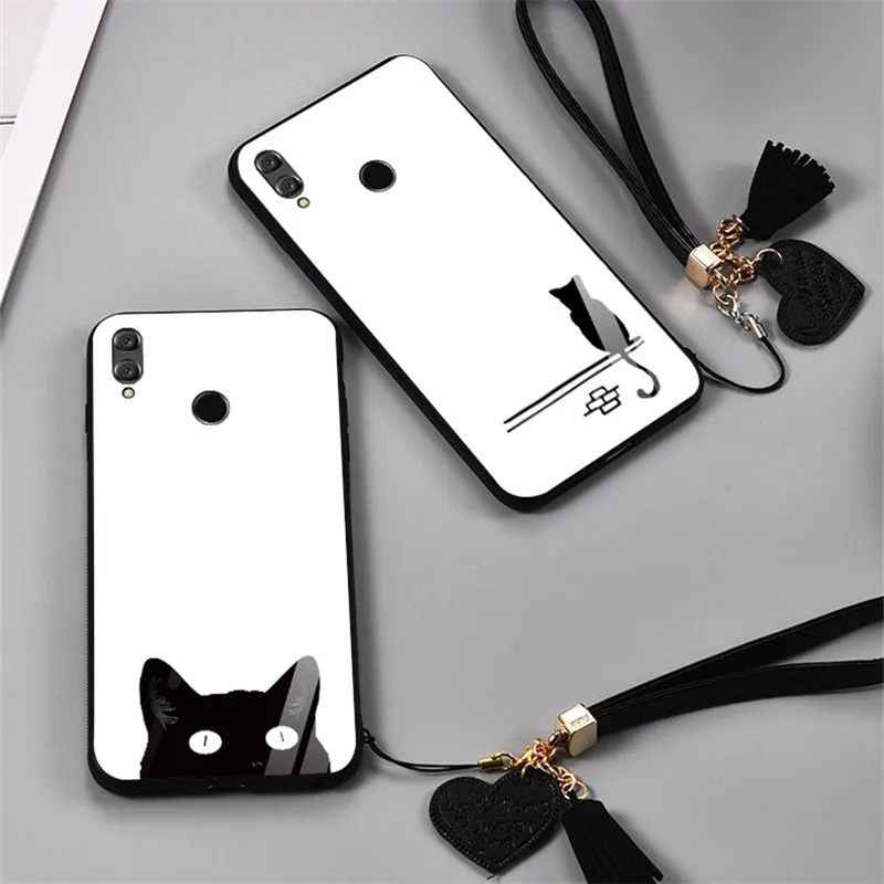 

BONVAN Cartoon Cat Case For Huawei Honor 8A 8C Tempered Glass Hard Cover For Huawei Note 10 Play Magic 2 Wrist Strap Couqe Capa